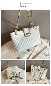 Detailed view of white quilted shoulder bag featuring gold chain strap and turn-lock closure