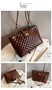 Detailed close-up of coffee brown tote featuring quilted patterns and gold chain strap