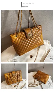 Close-up of brown quilted tote bag with golden chain strap and metal swivel lock