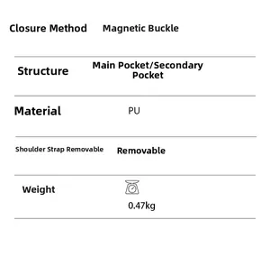 Detailed specifications of the PU leather handbag showing magnetic buckle and bag structure