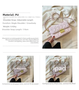 Detail view of pink quilted PU leather bag showing adjustable gold buckle and dimensions