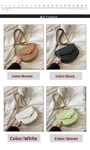 Detail view of four saddle bags in brown, black, white, and green with ring buckles