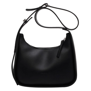 Minimalist black matte faux leather hobo bag with adjustable strap and fashion imprint