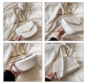 Detailed views of creamy white saddle bag showing four angles and adjustable strap
