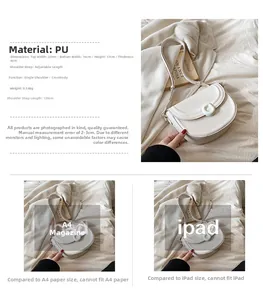 White PU saddle bag dimensions showing 23cm width and adjustable 120cm shoulder strap
