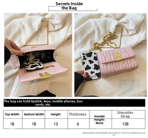 Detailed size chart for pink chain bag showing 18x13x6cm dimensions and daily capacity