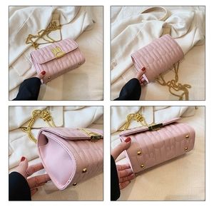 Detailed views of pink crossbody bag with rabbit quilting and gold twist-lock closure
