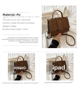 Borsa marrone scuro con trama a pietra, catena in metallo e dettagli sulle dimensioni PU