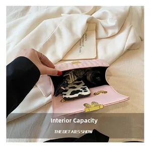 Internal capacity of pink quilted chain bag showing phone, sunglasses and cosmetics inside