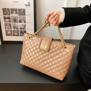Quilted Diamond Pattern Shoulder Bag PU Leather Gold Chain Strap Large Capacity Commuting Fashion Tote For Women