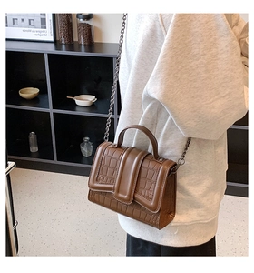 Detailed shot of brown crocodile pattern leather handbag with vintage chain strap