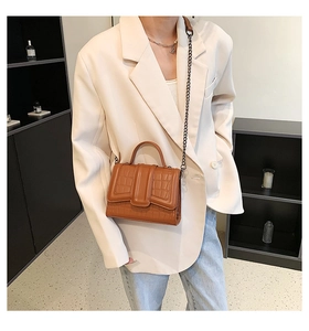 Detail of brown crocodile pattern handbag with elegant metal chain and handle
