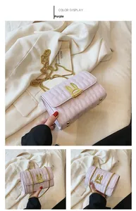 Detail of light purple crossbody bag with rabbit quilting and gold bunny ear clasp