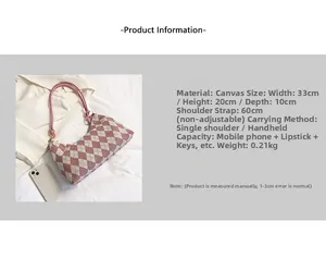 Detail view of pink checkered canvas bag showing dimensions 33x20x10cm and daily capacity