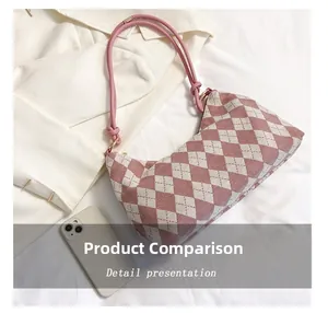 Detailed size comparison of pink and beige knitted plaid bag with a smartphone