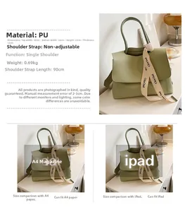 Detail view of avocado green PU tote bag with capacity for A4 paper and iPad tablet