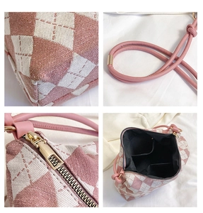 Detailed views of pink and white plaid shoulder bag showing hardware and inner pockets
