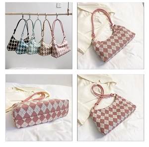 Detail of checkered hobo bags in five colors with a focus on pink argyle knit texture