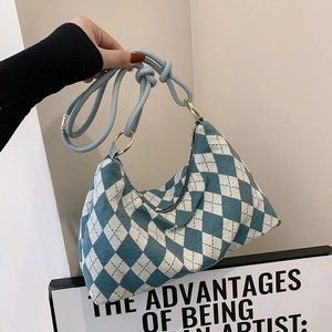 Women Underarm Shoulder Bag Argyle Diamond Pattern Canvas Fabric Knotted Strap Vintage Sweet Casual Hobo Handbag