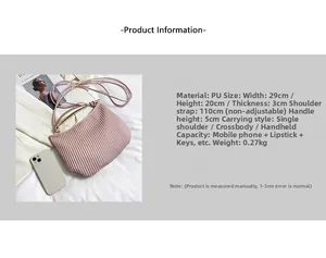 Detailed product dimensions and capacity showing pink ruched PU leather handbag