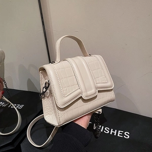 Minimalist beige crocodile pattern crossbody bag with silver chain strap and top handle
