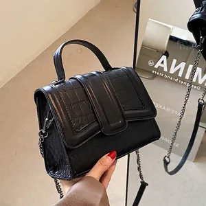 Fashion black crocodile texture handbag with top handle and silver metal chain strap