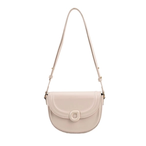 Elegant beige saddle shoulder bag with a matte finish and stylish D-shaped buckle decoration