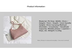 Detailed view of pink pleated PU shoulder bag with slim strap and textured finish