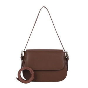 Minimalist brown matte leather flap crossbody bag with dual shoulder straps on white background
