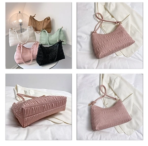 Detail shots of pleated crescent underarm bags in white, khaki, green, pink, and black