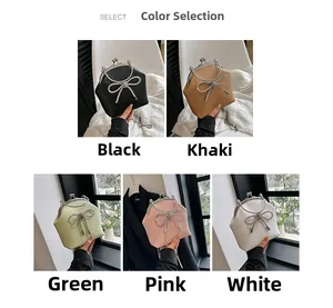 Color options for stylish shell handbag with rhinestone bow in black, khaki, and more