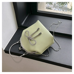 Detail of light green leather shell bag with rhinestone bow and silver metal frame