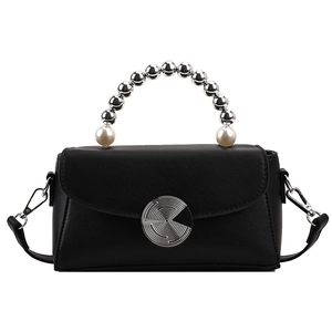 Elegant black crossbody bag with metallic handle, pearl details, and leather texture
