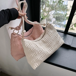 White and pink ruched hobo bags with pleated PU leather and golden hardware rings