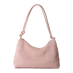 Pink pleated leather shoulder bag with gold hardware and decorative knot detail