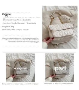 Detailed size specifications for the white quilted PU leather chain crossbody bag