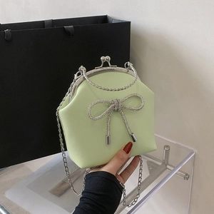 Rhinestone Bowknot Evening Bag Women PU Leather Retro Shell Shoulder Bag With Silver Metal Chain Strap Party Clutch
