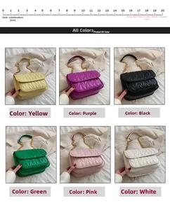 View of six color options for the quilted chain bag including yellow, purple, and green