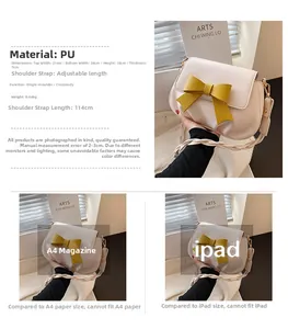 Confronto dettagliato delle dimensioni della borsa beige con fiocco giallo