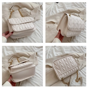 Detailed views of white quilted chain bag showing layered design and golden hardware