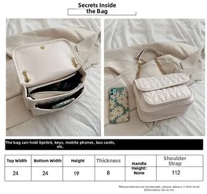 Detailed size chart and internal capacity view of the cream quilted chain crossbody bag
