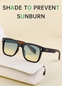 Détail de lunettes de soleil carrées noires avec verres dégradés et étui en cuir blanc