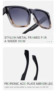 Détails de lunettes de soleil carrées avec rivets dorés et verres dégradés foncés
