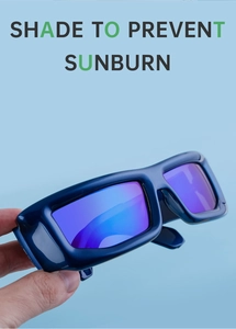 Close-up of Y2K sports sunglasses featuring deep blue frames and purple-blue mirrored lenses