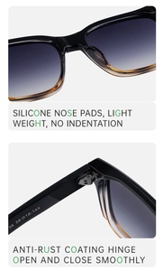 Détails de lunettes de soleil carrées avec plaquettes en silicone et charnières en métal