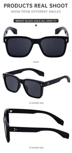 Trois vues de lunettes de soleil carrées noires avec détails de clous dorés