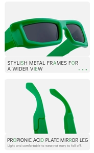 Detail view of bright green square frames with thick propionic acid temples and grey lenses