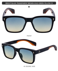 Vue de face et de profil de lunettes de soleil carrées avec rivets dorés et verres dégradés