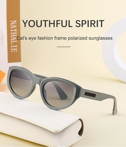Close-up of polarized cat-eye sunglasses with gray frames and matching hard case