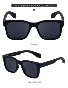 Vues de face et de profil de lunettes de soleil carrées rétro noir mat avec verres gris